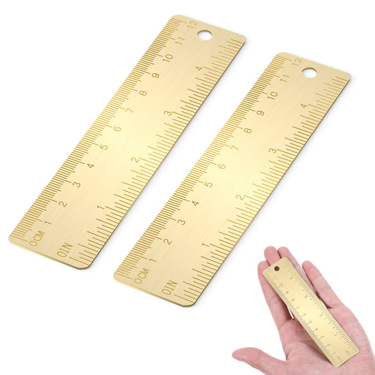 2 PCS 12cm Straight Brass Ruler, Gold Brass Straight Rulers Copper Measuring Ruler with Cm Inch Dual Scale, Drawing Measuring Gold Mini Small Short Metal Machinist Bookmark Ruler, 1mm Thickness