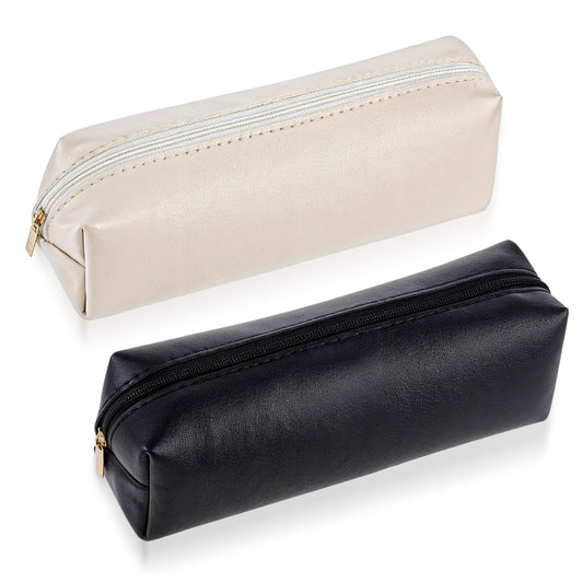 2 PCS Beige Pencil Case PU Leather Pencil Pouch Aesthetic, Cosmetic Pouch Large Capacity Zipper Leather Pencil Case Small Pencil Pouch Portable Stationery Bag for Adult Office Stationery Organizer