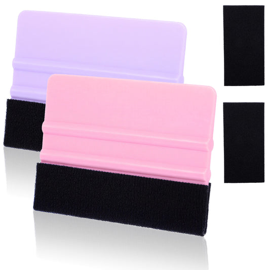 Squeegee for Vinyl, 2 Pcs 4 Inch Felt Squeegee Vinyl Scraper Window Tint Tools with 2 Pcs Black Fabric Felt Edge Replacements for Car Wrap, Wallpaper Smoothing, Glass Film Application (Pink, Purple)