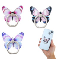 Butterfly Cellphone Stand Set Cute Bling Cell Phone Ring Stand Holder Metal Ring Hand Grip Painted Pattern 360°Rotation Finger Stand with Knob Loop Compatible with All Smartphones(Blue Purple Pink)