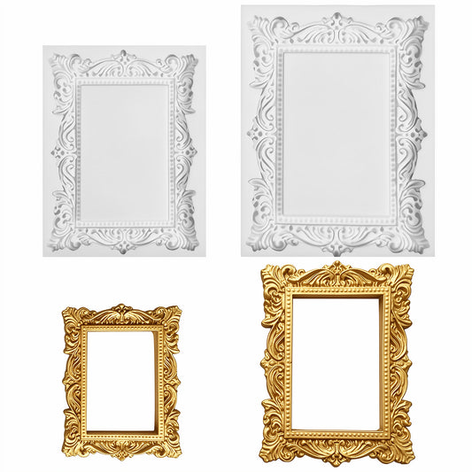 2 Pcs Mini Picture Frames Fondant Molds, Baroque Style Photo Frame Silicone Molds Mirrors Fondant Vintage Frames Mold Photo Frame Silicone Candy Mold for Chocolate, Cupcake Topper, Polymer Clay