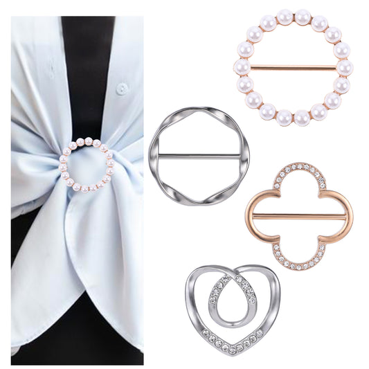4 Pack Scarf Ring Clips Shirt Clips T-shirt Ties Clips Clothes Corner Knotted Button for Women Rhinestone Round Circle Clips Heart Flower Metal Ring Wrap Holder Buckle for Loose Clothing