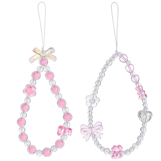 2 Pcs Bow Phone Charm Strap Y2k Cute Phone Charms Blue Purple Beaded Phone Keychain Phone Lanyards Beaded Camera Wrist Strap Anti Lost Phone Chain Keychain Phone Beaded Phone Strap Charm for Women