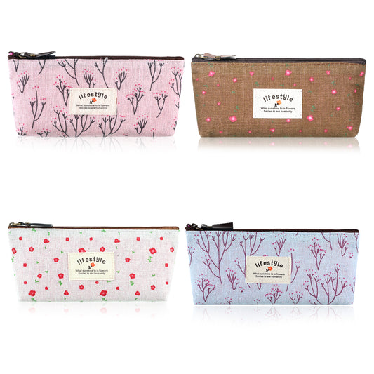 Mini Makeup Bag for Purse, 4 Pcs 4 × 7 Inch Linen Floral Small Cosmetic Pouch Portable Cute Fabric Mini Zipper Pouch for Women Home Travel Lipstick Coin Cards Storage (4 Style)