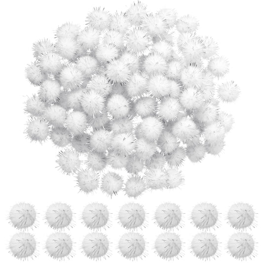 100Pcs Glitter Tinsel Pom, 0.6 in/1.5 cm Poms Sparkle Balls, Cat Fuzzy Toys Balls, Glitter Fluffy Craft Pompoms for DIY Craft/Party Decoration/Cat Toys (White)