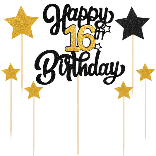 Happy 16th Birthday Cake Topper 16th Happy Birthday Cake Topper Black Gold Glitter Cheers to 16 Years Birthday Cake Pick 16th Anniversary Cake Topper for Birthday Party