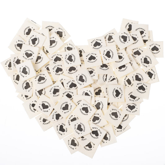 100 PCS Sewing Labels for Handmade Items, Personalized Crochet Tags Sew on Clothing Cute Handmade with Love Tag Fabric Labels Embossed Tags Sew on Clothing for DIY Knitting Crocheting Crafts