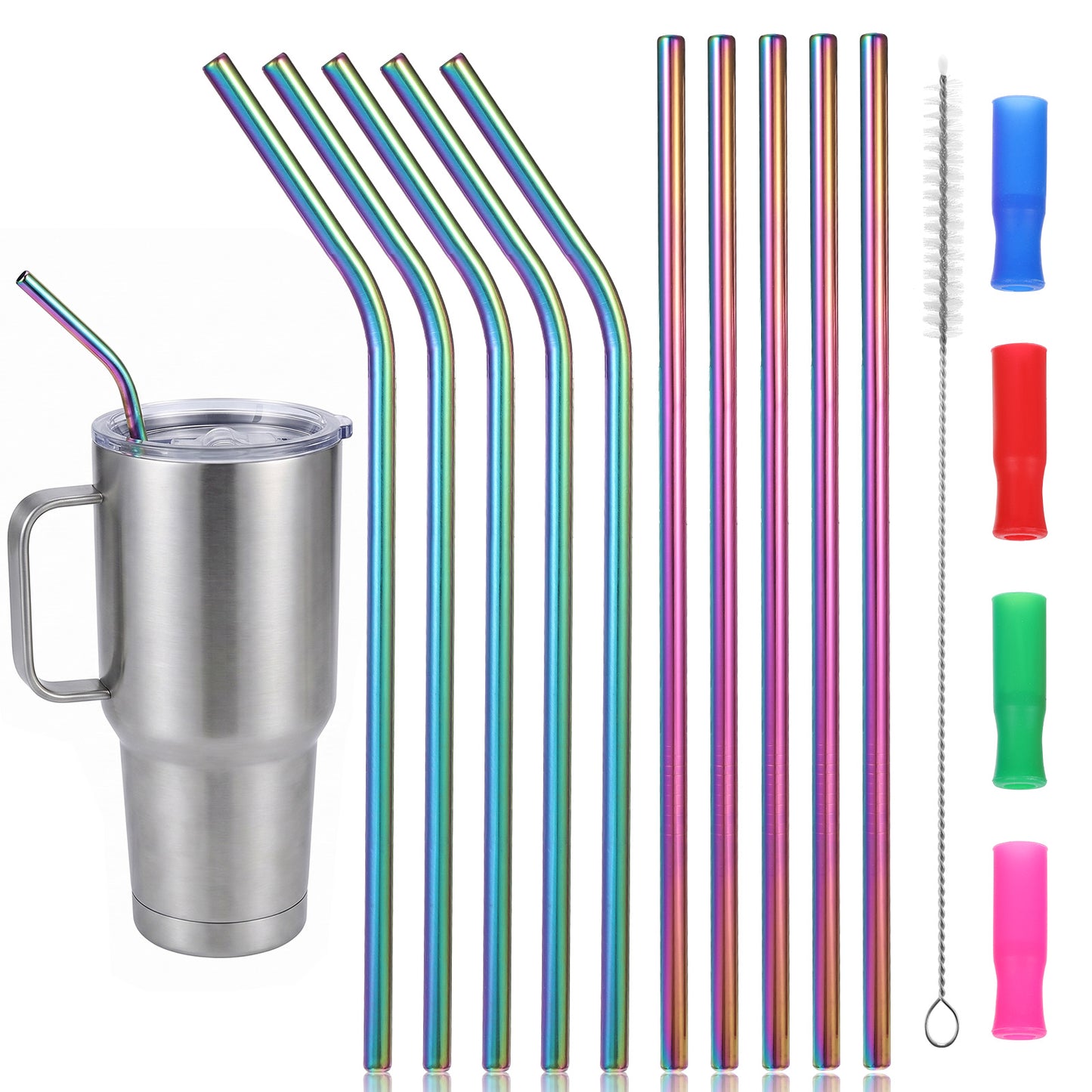 10Pcs Reusable Stainless Steel Straws with 2 Cleaning Brushes and & 4 Silicone Tips, 21cm Long Metal Straws Drinking Reusable Straw for Tumbler, Tall Wine Bottle (5 Straight + 5 Bent)