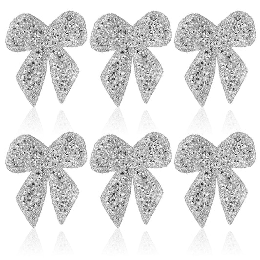 6PCS Bow Rhinestone Patches, Glitter Silver Bow Shape Hot Glue Iron On Patches, Glitter Bowknot Applique, Self-Adhesive Repair Bow-Patches for Clothes Bags Hats Shoes Decorations Crafts (Silver)