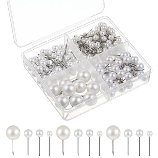 200 Pieces Pearl Push Pins Pearl White Decorative Push Pins Thumb Tacks Multiple Sizes White Thumb Tacks Cute Large Round Head Thumbs Tack with Box for Bulletin Board Corkboard Map