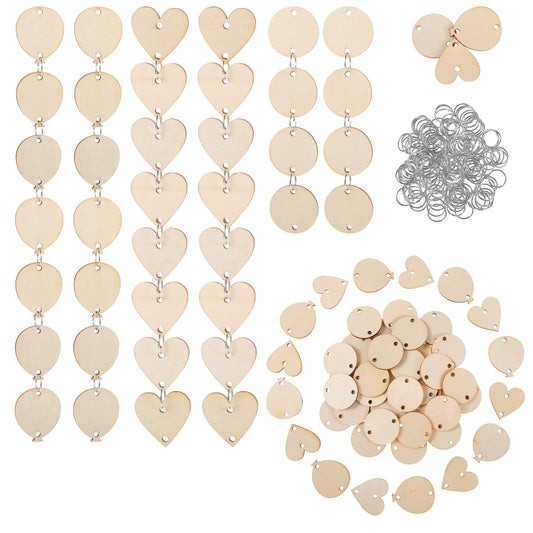 210Pcs Wooden Hearts for Crafts, Family Birthday Plaque Tags Wood Circle Tags with Holes and Ring Clips DIY Unfinished Wooden Ornaments Embellishments for Family Sign Birthday Calendar Valentine