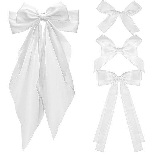4pcs Satin White Hair Bow Clips for Women Girls Large Hair Bow Clips Oversized Hair Barrettes with Ribbon Tail Bowknot Alligator Barrettes White Hair Bows Slides Wedding Hair Accessories for Women