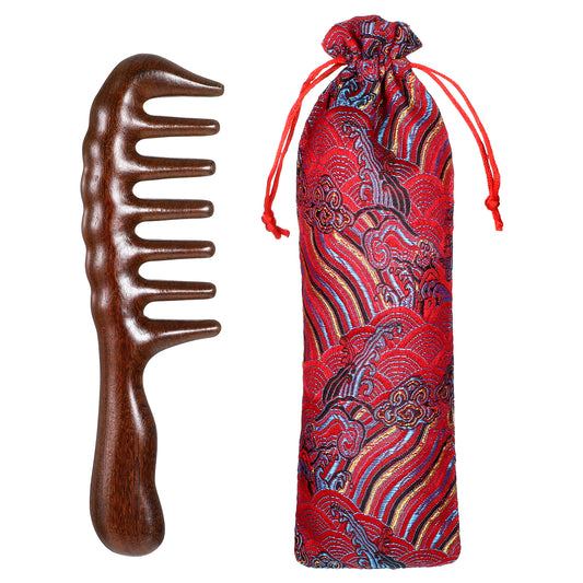 Thicken Wooden Wide Tooth Comb for Curls, Sandalwood Comb Anti-Static Large Natural Sandalwood Wooden Comb with Storage Bag Curly Hair Comb Beard Comb Massage Comb Wooden Hair Comb for Women Men