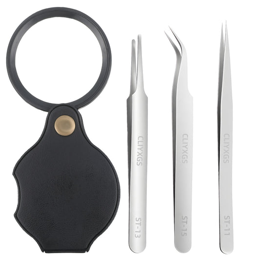 3Pcs Precision Tweezers with 10X Magnifying Glass Loupe, Magnifying Glass Tweezers Stainless Steel Tweezer Extra Fine,Angled,Blunt Tips Tweezer for Electronics, Soldering, Laboratory Work