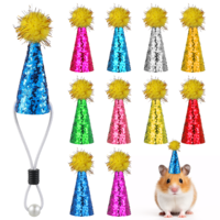 10 Pack Mini Party Hats for Stuffed Animal Figures, Tiny Cone Birthday Hats with Glitter Pom Poms & Adjustable Headband for Hamster, Snake, Guinea Pig, Bird, Mini Animal Figure