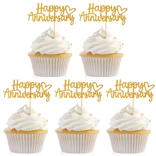 24Pcs Happy Anniversary Cake Topper, Acrylic Cake Topper Gold Wedding Happy Anniversary Cake Toppers Anniversary Party Supplies for Anniversary Theme Party