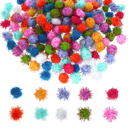 200 PCS Glitter Pom Pom Balls, Multicolor Sparkle Craft Pompoms, 0.59 Inch Fluffy DIY Decorations for Art Crafts, DIY Decorations, Cat Toys