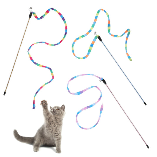 3 PCS Cat Rainbow Wand Toys, Interactive Cat Wands for Indoor Cats and Kittens Colorful String Cat Toys with Bells Cat Teaser Wand String for Cat Kitten Kitty Exercise Keep Fit