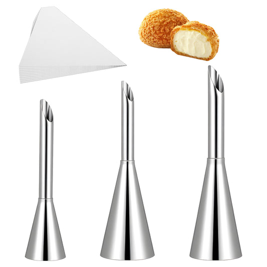 3 Pcs Cream Icing Piping Nozzle Tip, Puff Cream Filling Piping Tips Kit Stainless Steel Long Puff Nozzle Tip with 10 Pcs Disposable Pipings Bags for Small Pastries Puffs Cupcakes Filling Donuts