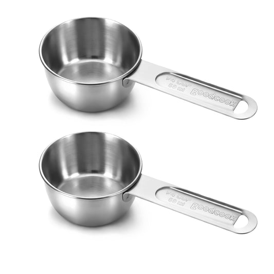 2 Pcs 1/4 Cup Measuring Cup, 60ml 2oz Stainless Steel Measuring Cups Single Measuring Cups Metal Liquid Measure Scoop for Cooking, Baking, Kitchen Wet and Dry Ingredients, Dishwasher Safe