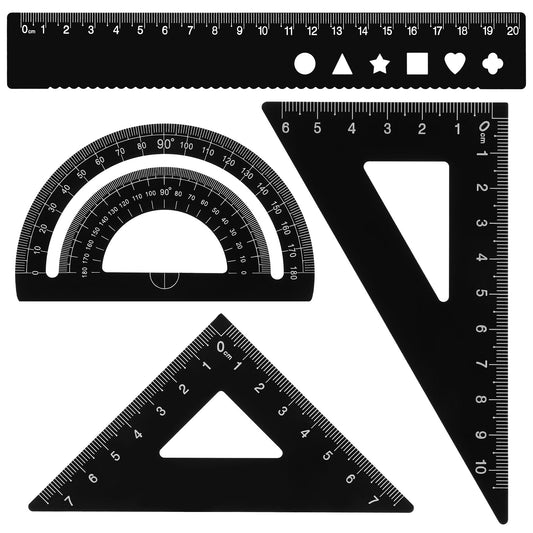 4 Pack Metal Protractor Set, Math Geometry Tool Ruler Triangular Geometry Set Aluminum Alloy Student Measuring Rulers for Draftsman Engineers Student School Home Office, Black