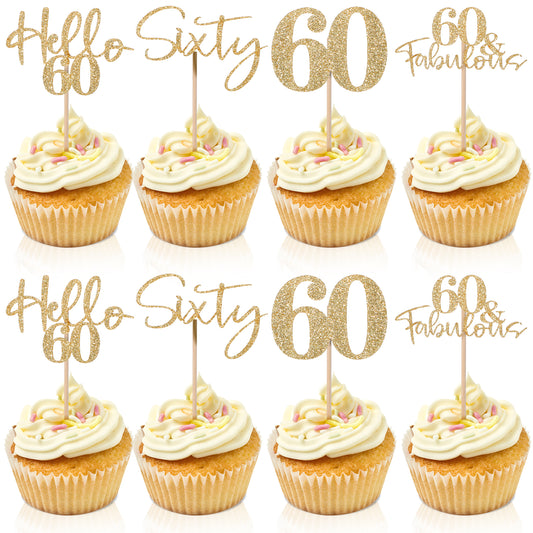 24PCS 60th Anniversary Cupcake Toppers Gold Glitter 60 th Birthday Cupcake Picks for 60th Birthday and Wedding Anniversary Cake Party Decoration Celebrating the Golden Wedding Party