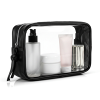 Clear Makeup Bag, PU Leather Small Toiletry Pouch Portable Travel Makeup Pouch Transparent Waterproof Cosmetic Organizer with Zipper for Women Home Travel Office Cosmetic Storage (Black)