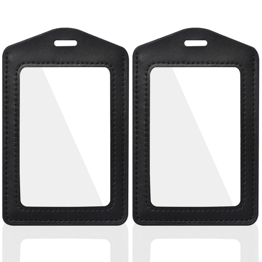 2 Pack Genuine Leather ID Badge Holders, Vertical ID Card Holders with Dual-Side Clear Window, Waterproof Name Badge Holde Suit for Office, Staff, Students, Employees(Black&Black)