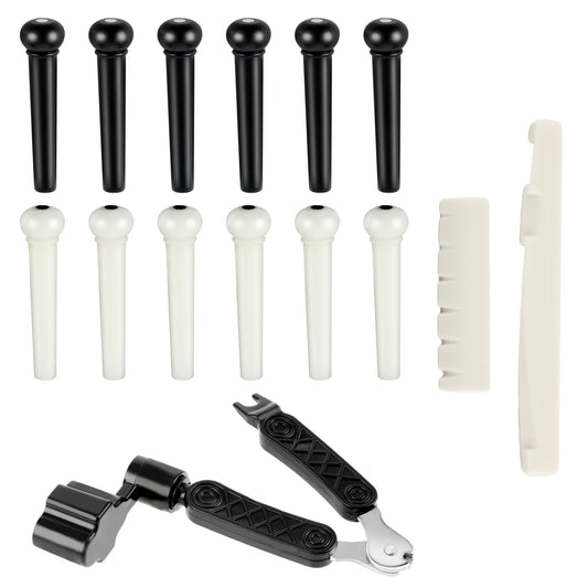 15 PCS Acoustic Guitar Bridge Pins Pegs Ebony Guitar Bridge Pins Replacement Parts, Guitars Bridges Pin Replacement Guitars End Pin-Set with 3-in-1 Pin Puller Remover Guitar-String Winder and Cutter