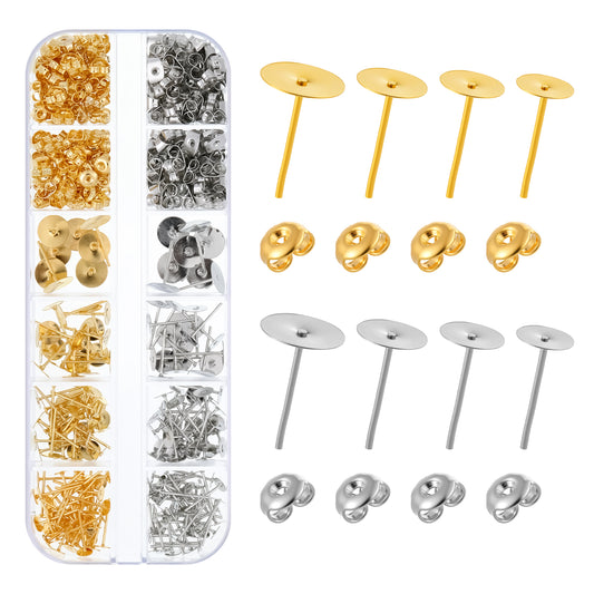 Earring Posts for Jewelry Making, 400 Pcs Metal Earring Backs and Posts Flat Pad Earrings Studs Earrings Making Kit for DIY Crafts Jewelry Supplies (4/5/6/8mm) (Gold, Silver)