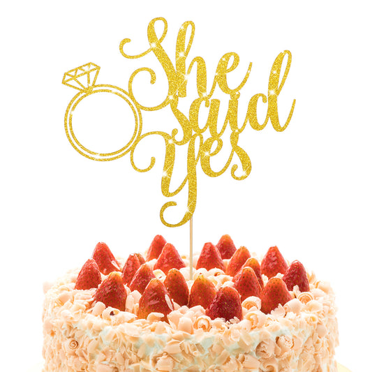 1 PCS Gold She Said Yes Cake Topper, He Asks She Said Yes Cake Topper Engagement Wedding Cake Topper with Ring, Gold Glitter Bachelorette Bridal Shower Party Cake Decorations Proposal, Wedding Bridal