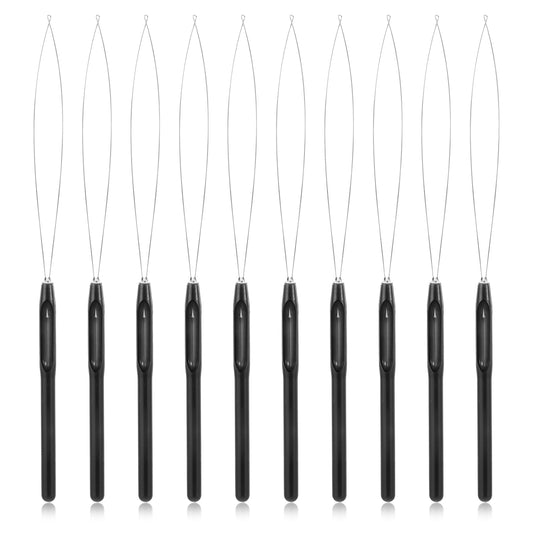 10 Pieces Hair Extension Loop Needle Threader Pulling Hook Tool and Bead Device Tool Micro Loop Nano Beads Device Hair Extension Threader for Hair or Feather Extensions