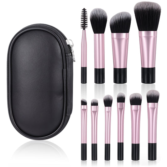 10pcs Travel Makeup Brush Set Black Mini Makeup Brushes Portable Makeup Brushes with Makeup Brush Pouch Full Complete Function Cosmetic Brushes Kit for Foundation Brush Blush Powder Eye Shadow