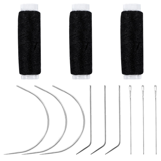 12 Pcs Set Needle and Thread for Hair Extension 3 Rolls Sewing Threads for Sewing Hair C J I Shape Curved Needles Wig Making Weaving Thread Hand Extensions Tool