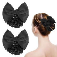 2 PCS Hair Net Bow Bowknot Hair Snood Net Hair Bun Holder Butterfly Barrette Elastic Mesh Hair Bun Cover Ribbon Barrettes Net for Women Lady