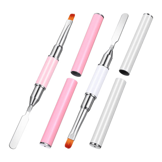 2 Pcs Nail Art Brushes, Gel Brush and Picker, Dual-Ended Naisl Art Brush Spatula 2 In 1 Tools for UV Gel, Acrylic Nail Extensions, Quick Building Gels Manicures Design Kit for Salon Home (Pink, White)