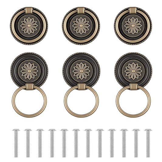 FdcLixuvol 6 PCS Antique Bronze Drawer Pull Ring, Solid Zinc Alloy Vintage Cabinet Pulls Ring 1.18 in Drawer Pulls Cabinet Rings Dressing Knob with Screws for Cabinets Dresser Closet (Antique Bronze