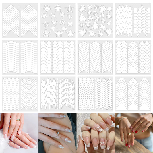 1158 Pcs French Tip Nail Stickers, 36 Sheets French Manicure Nails Art Stickers Self-Adhesive Nail Tips Guides Decals Airbrush Nails Stencils Sticker Vinyl for DIY Decor Stencil Tools (17 Designs)