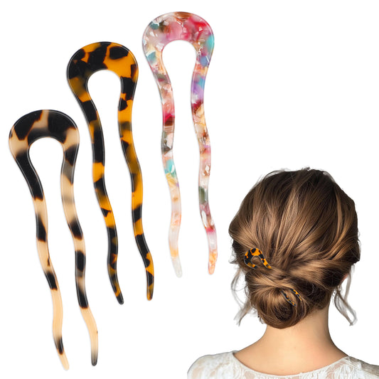 3 Pcs U Shaped Hair Fork Leopard Print Hair Pins French Twist Hair Pin Classic French Hair Pin French Pin Hair Fork Hair Pins for Buns French Pins for Fine Hair Acetate Tortoiseshell French Hair Pin