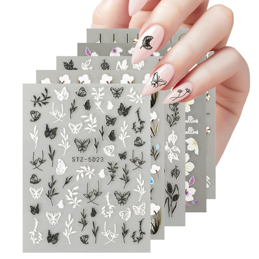 Flower Nail Art Stickers 3D Embossed Hibiscus Flower Nail Decals Spring Summer Daisy Self Adhesive Nail Art Supplies Design Stickers for Women Manicure Decoration(5 Sheets)