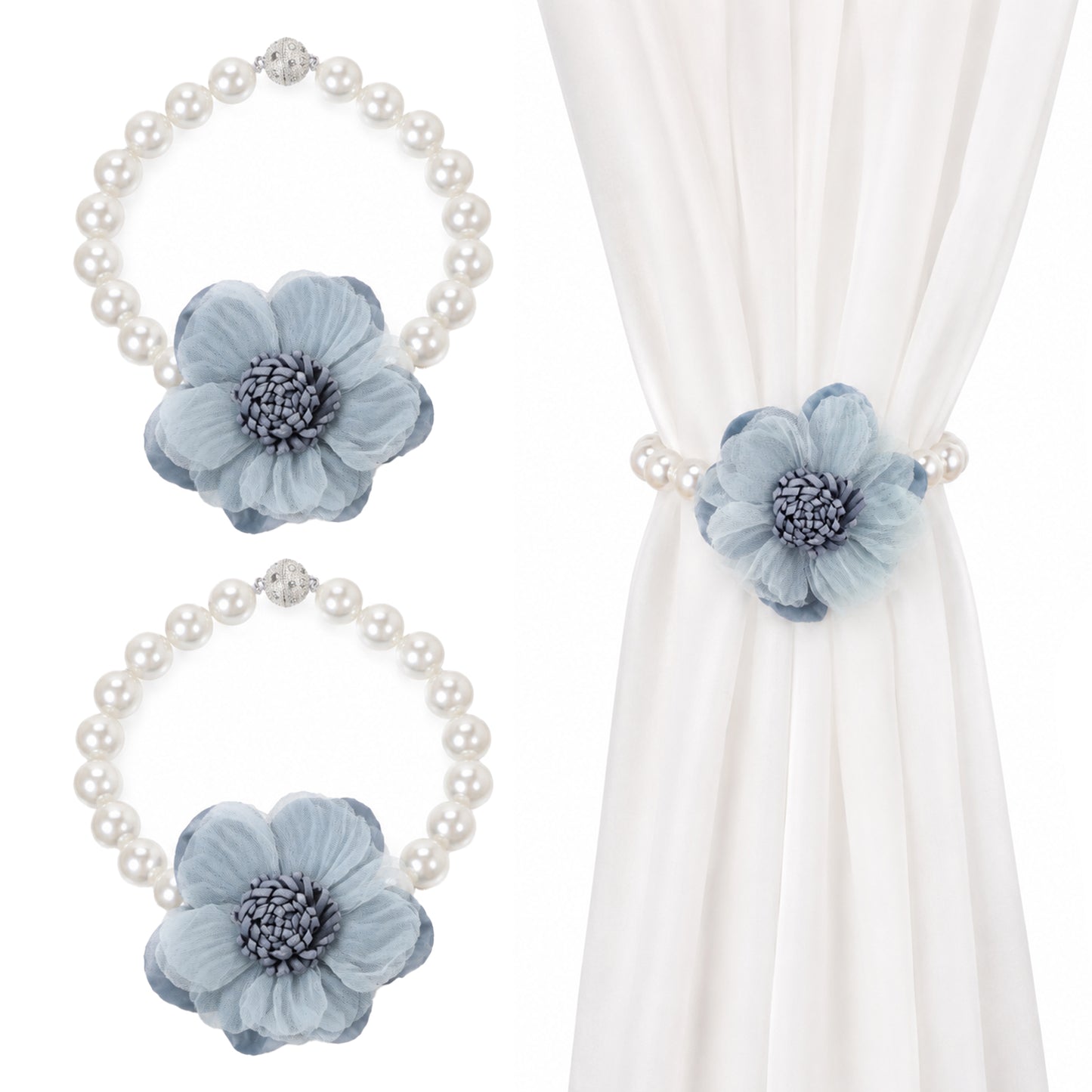 Flower Curtain Ties Magnetic, 2 Packs Pearl Fabric Curtain Tiebacks