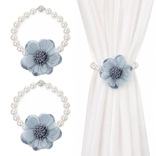 Flower Curtain Ties Magnetic, 2 Packs Pearl Fabric Curtain Tiebacks