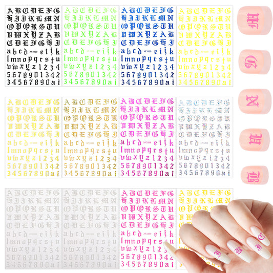 12 Sheets Letter Nail Art Stickers, Number Nail Stickers, Old English Letter Numbers Nail Stickers Self-Adhesive Letter Nail Charms, Holographic English Font Letters Stickers for DIY Nail Decoration