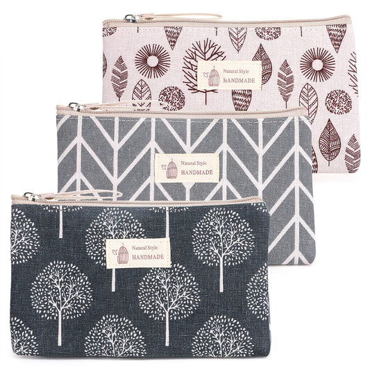 3 Pcs Canvas Cosmetic Bags Cosmetic Pouches with Zipper Makeup Bag Multi-Function Canvas Travel Pouch Vacation Travel Toiletry Bag for Women Girls, 3 Patterns