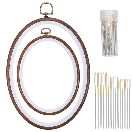 2 Pcs 2 Sizes Embroidery Hoops, 23.5 cm and 19 cm Oval Embroidery Hoop Set Imitated Wood Display Frame with 30 Needles, Cross Stitch Hoop Ring for Art Craft Sewing Hanging Ornaments Wall Decor