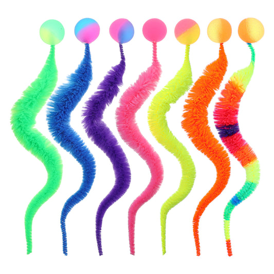 KALIONE 7 Packs Bouncy Balls with Tail for Cats Multicolor Worm Cat Toy Interactive Fuzzy Worm Teasers with Small Bouncy Balls for Indoor Cats
