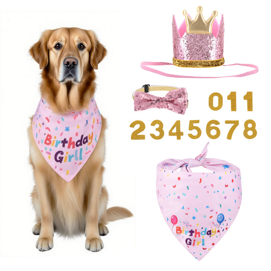 Dog Birthday Party Supplies Girl Dog Birthday Hat Bandana Bow Tie Crown with Numbers Set for Dogs Pets (Pink)