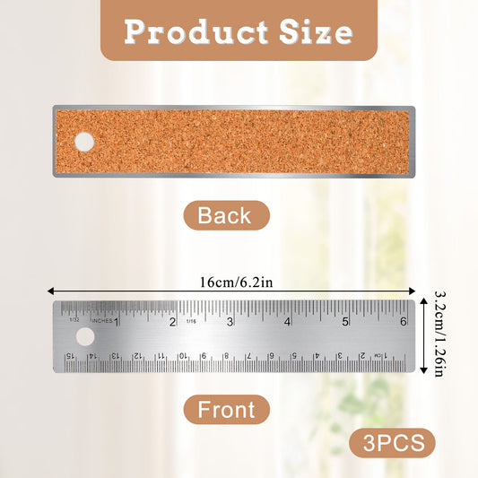 3 PCS 6-Inch Stainless Steel Metal Ruler with Cork Backing, Non Slip Straight Edge Ruler with Inch and Centimeters Prevent Ink Leakage for School Office Drawing Engineering Woodworking