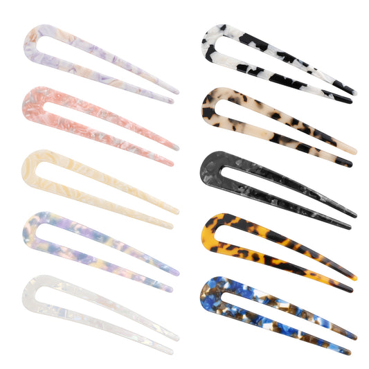 10 Pcs U Shaped Hair Pins, French Hair Pins Resin Plastic Tortoise Hair Pins Large U Shaped Hair Fork Sticks French Pins for Thick Hair Vintage French Hair Forks for Women Girls Hairstyle Accessories