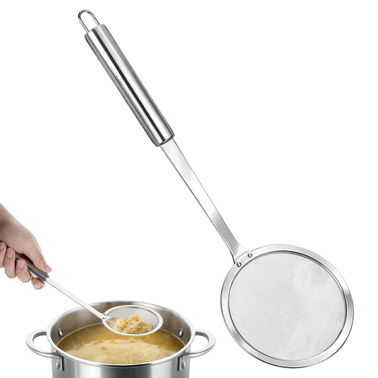 Stainless Steel Ultrafine Mesh Oil Skimmer Strainer, Fine Mesh Strainer Skimmer Spoon Soup Residue Oil Strainers Colander Spoon with Long Handle for Skimming Cooking Frying Grease Gravy and Foam